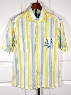 Azzaro Nautical Coastal Resort Stripe Cotton Shirt Blue Yellow Summer Casual M